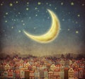 Illustration of cute houses and moon in night sky Royalty Free Stock Photo