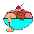 The illustration of cute ice cream doodles in the bowl. unique doodle characters for food business