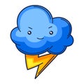 Illustration of cute kawaii cloud with lightning. Funny seasonal child illustration.