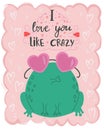 illustration cute kawaii frog with lettering I love you like crazy. Valentine\'s day concept cartoon characters in love Royalty Free Stock Photo