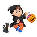 Cute kid witch walking in black cloak