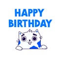 Illustration of a cute kitty. Vector. Contour cute cat wishes happy birthday. Flat kawaii style. Hero for the comic book. Mascot f