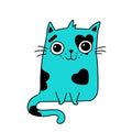 Illustration of a cute kitty. Vector. Turquoise cute cat. Flat kawaii style. Hero for postcards. Mascot for the company, drawing f