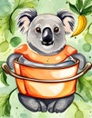 Illustration of cute koala cooking, watercolor art, Background, poster or postcard, AI Generated