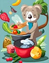 Illustration of cute koala cooking, watercolor art, Background, poster or postcard, AI Generated