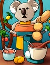 Illustration of cute koala cooking, watercolor art, Background, poster or postcard, AI Generated