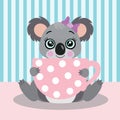 Illustration of cute koala holding a big pink cup tea Royalty Free Stock Photo