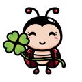 Cute ladybug animal cartoon character holding a lucky leaf stalk