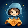 illustration of a cute little baby in a blue hooded robe sitting on the ground with stars in the background