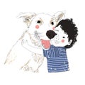 Illustration of a cute little boy hugging his friend big dog. True friendship concert. Carrying of pets concept. Can be