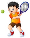 Cute little boy playing tennis on a white background Royalty Free Stock Photo