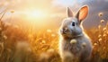 illustration of a cute little brown rabbit in a sunlit field Royalty Free Stock Photo
