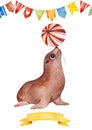 Illustration with cute little fur seal,ribbon and multicolored garlands Royalty Free Stock Photo