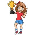 Cute little girl cartoon holding gold trophy