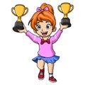 Cute little girl cartoon holding two gold trophy