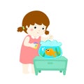 Illustration of cute little girl feeding fish in aquarium cartoon. Royalty Free Stock Photo