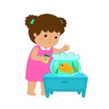 Illustration of cute little girl feeding fish in aquarium cartoon.