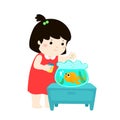 Illustration of cute little girl feeding fish in aquarium cartoon.