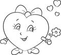 Illustration of a cute little girl-heart, love emoji, in black and white, for children`s coloring book or Valentines Day card