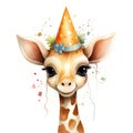 cute little happy baby giraffe with a birthday hat on white background Royalty Free Stock Photo