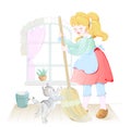 Illustration of cute little hardworking girl sweeping the floor. Kids labor at home. House cleaning work. Picture for children