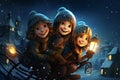 illustration of cute little kids in winter outfit fascinated looking at snowfall. cartoon.