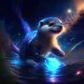illustration of a cute little otter on the background of the night sky AI Generated