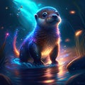 illustration of a cute little otter on a dark background. AI Generated