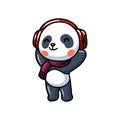 Cute little panda listening music with headphone cartoon