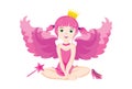 Illustration of cute little sitting fairy with pink wings.