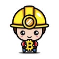 Cute male cartoon character as bitcoin miner holding bitcoin symbol