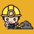Cute male cartoon character as bitcoin miner mining bitcoin