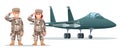 Cute male and female army soldier characters with military jet fighter