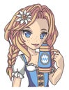 Illustration of cute Manga cartoon style girl with blond braids wearing blue and white traditional German Oktoberfest dirndl Royalty Free Stock Photo