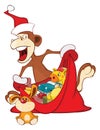 Illustration of a Cute Monkey and a Sack Full of Gifts. Year of the Monkey. Cartoon Character.