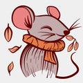 Illustration of a cute mouse with a scarf and leaves around it. Vector of a small mouse with autumn vibes.