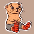 Illustration of a cute otter wearing pants, gloves and woolen socks. Vector of an animal wearing warm clothes