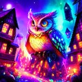 illustration of a cute owl in front of a haunted house in the night generative AI Royalty Free Stock Photo