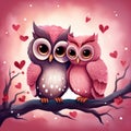 Illustration of a Cute Pair of (Two) Affectionate Owls in an Embrace, Valentine\'s Day Card