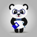 Panda with glasses, with a notepad and pen in the style of the cartoon stands.