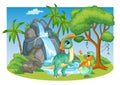 Illustration with cute parasaurolophus dinosaurs in nature vector