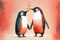 Illustration of cute penguins couple in love, vintage style. Generative AI Royalty Free Stock Photo