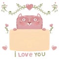 Illustration of a cute pink funny cat holding a banner for an inscription. Set of elements: hearts, curls, banner, flowers in the