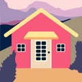 Illustration of cute pink house with trees on background with clouds. vector flat buildings illustration. cute spring Royalty Free Stock Photo