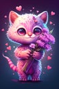Illustration of cute pink kitten holding bouquet of roses flower. Generative AI Royalty Free Stock Photo