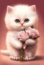 Illustration of cute pink kitten holding bouquet of roses flower. Generative AI Royalty Free Stock Photo