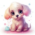 Illustration of cute playful fluffy puppy with big eyes in pink and beige pastel colours, charming pet art Royalty Free Stock Photo