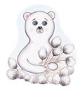 Illustration of a Cute Polar Bear with Cotton Grass Bouquet