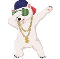 Cute polar bear dabbing dance wearing sunglasses, hat, and gold necklace