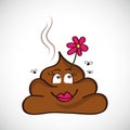 Illustration of cute poop with happy face and pink fower